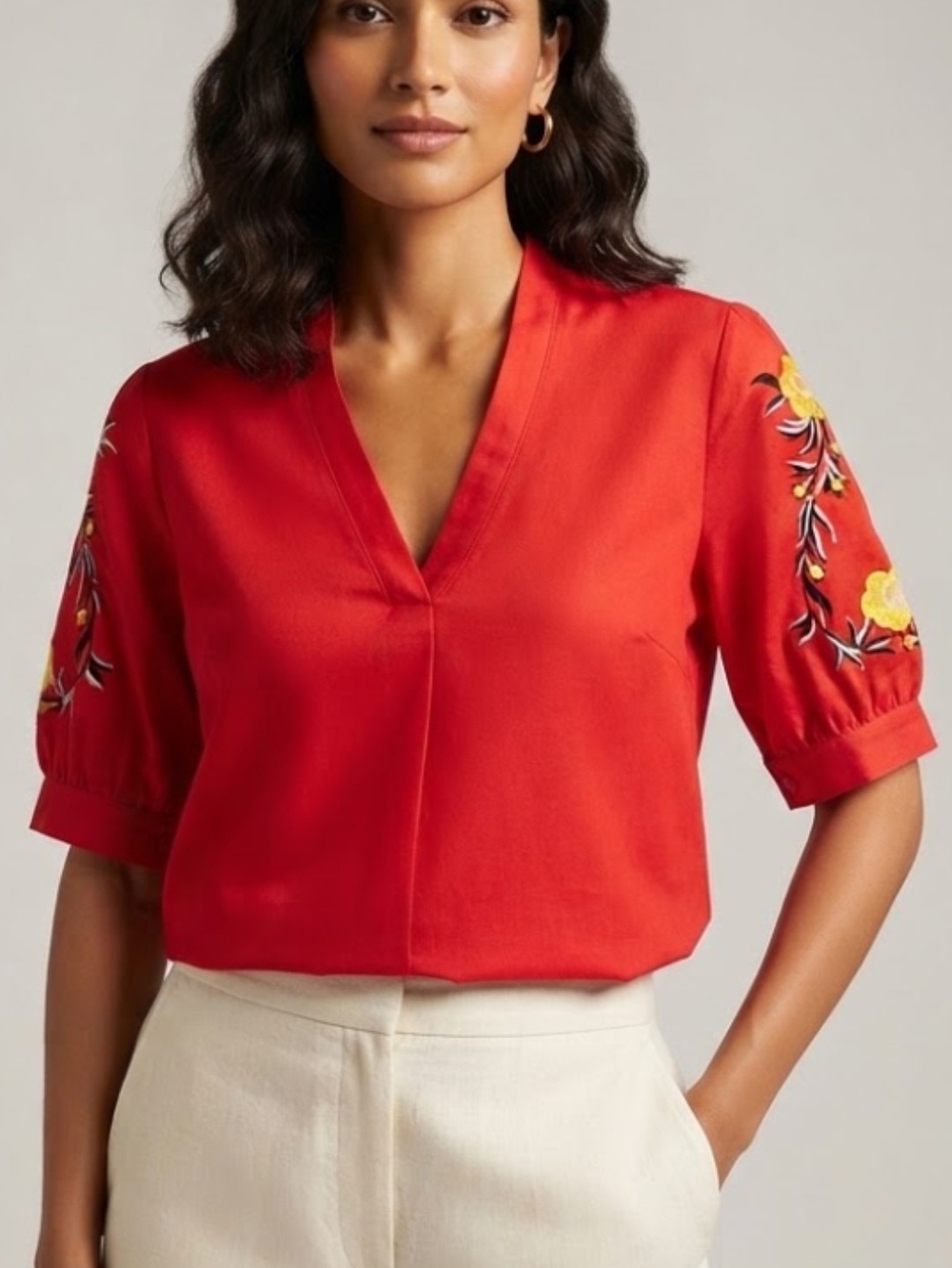 Hannier Red Embroidered Floral V-Neck Blouse Size L (Fits US 12)